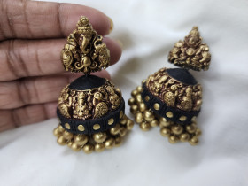 Shreem Gam Lakshmi Ganapathi Temple Terracotta Jhumka (Black & Antique Gold)