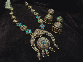 Inika Lakshmi Temple Terracotta Jewellery Set ( Blue & Green) 