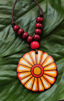 Handmade coconut shell pendant with Kerala mural style flower painting
