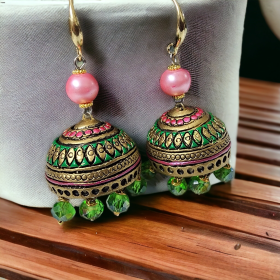Harini Terracotta Jumki/Jhumka Earring ( pink & green) 