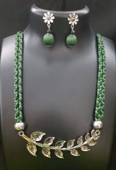 Braided olive green and silver silkthread necklace with matching earrings
