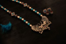 Earthern peacock terracotta jewellery set (antique silver & Aqua blue)