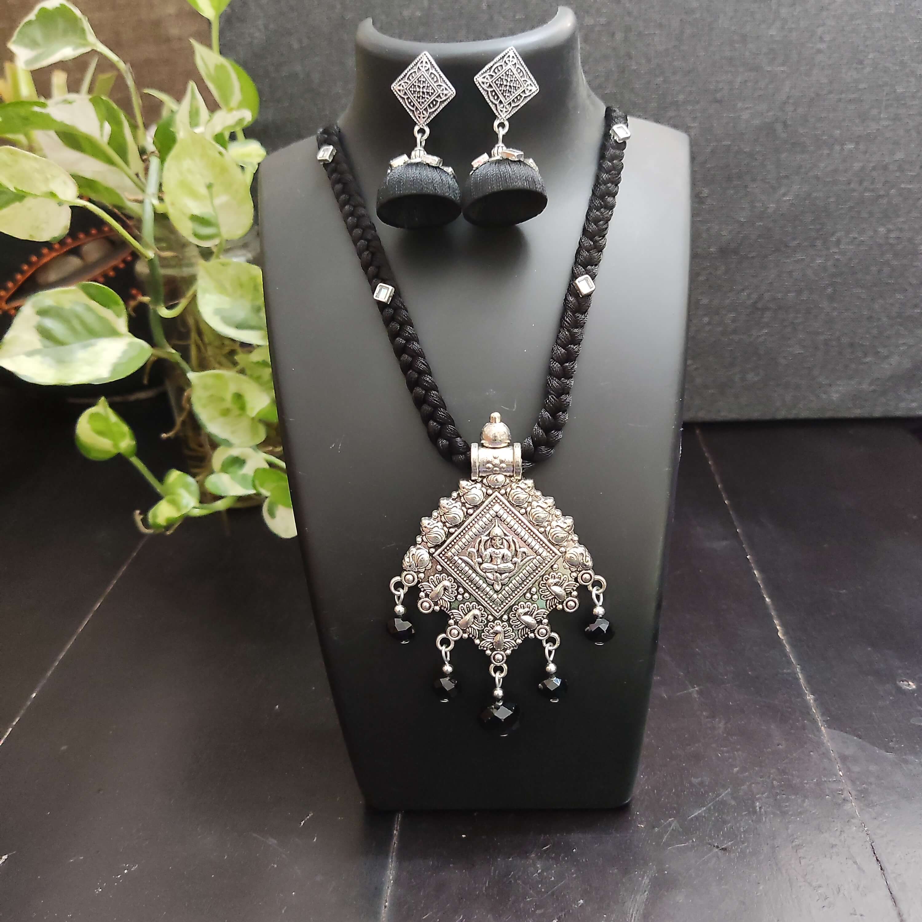 Braided silk thread necklace set with goddess pendant Claysphere