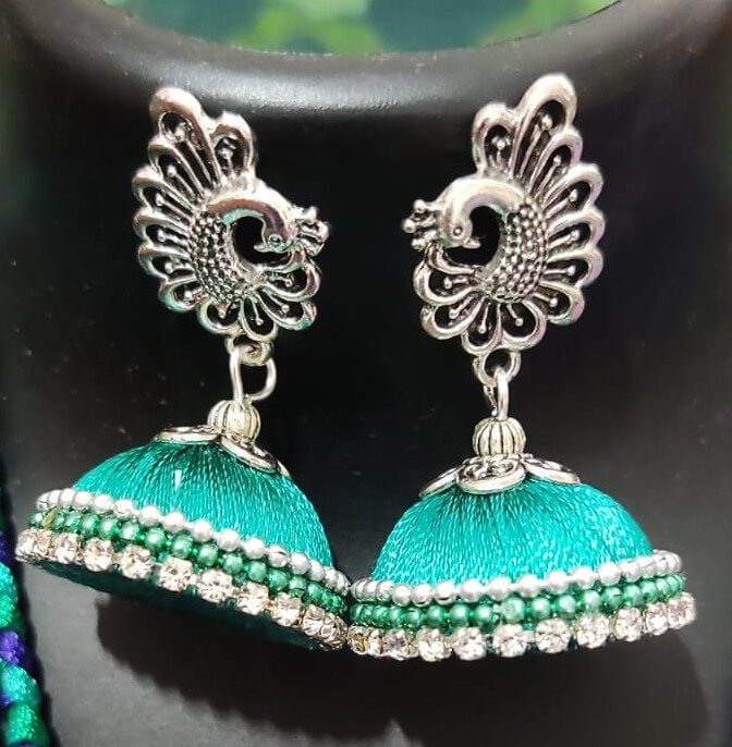 Peacock and silver silk thread necklace and earrings